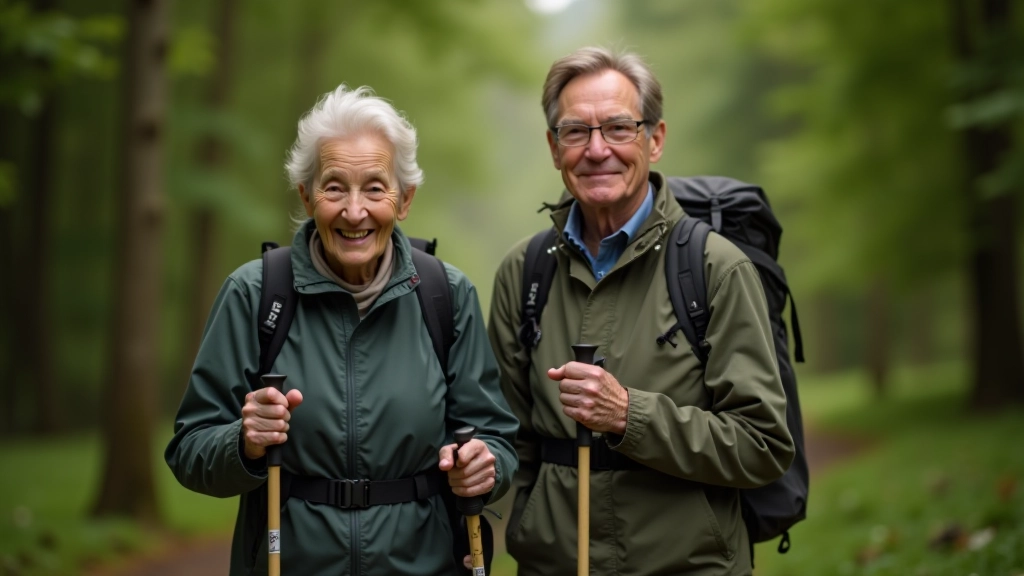Couple in their late 60s walking together on a forest trail with walking poles