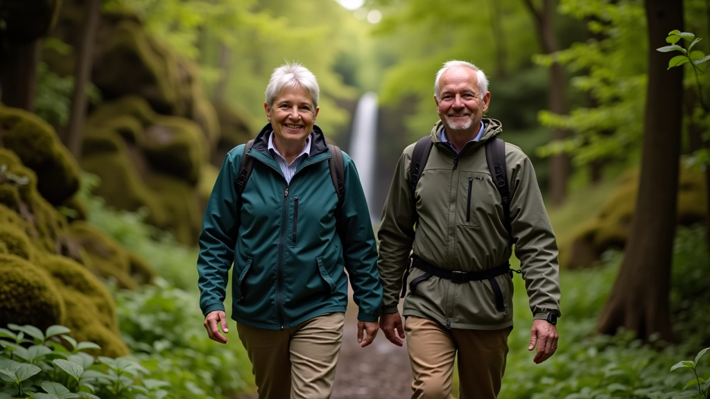 Active seniors enjoying a guided hike through Killarney forest with waterfall visible in the distance