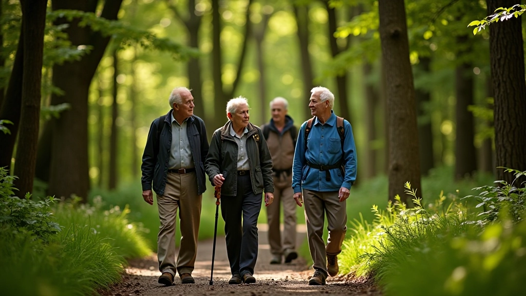 Group of older adults walking on forest trail with guide