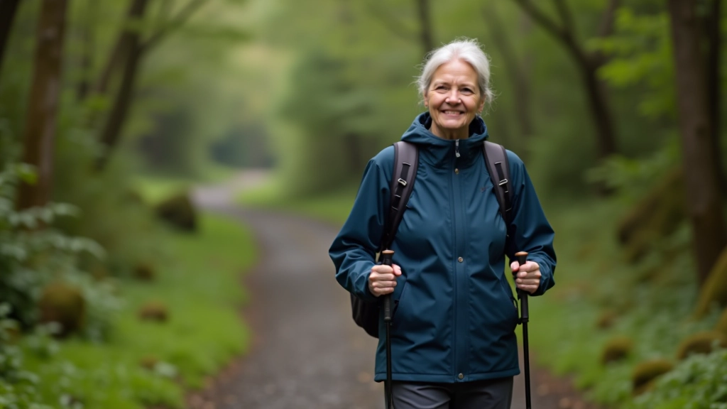 Hiker wearing waterproof jacket and walking boots on forest trail with backpack and water bottle
